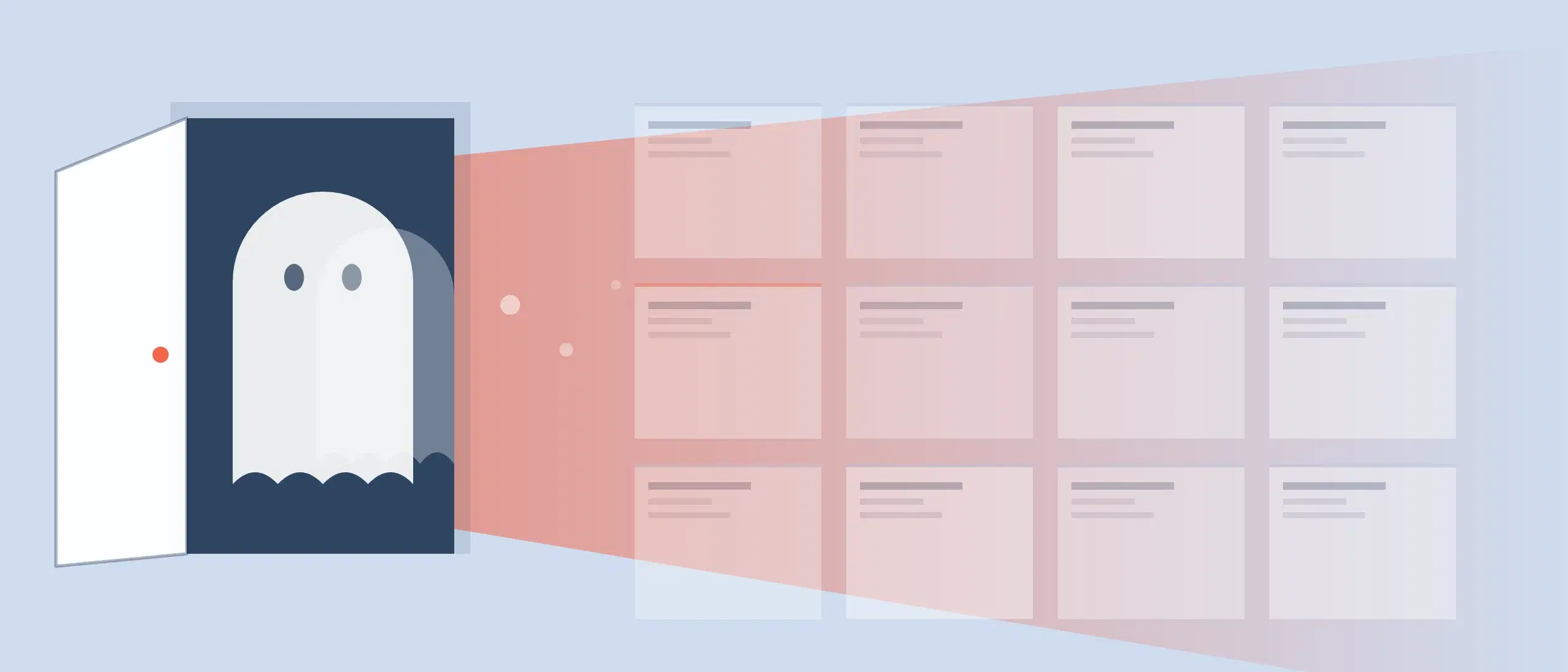 The ghost of homo economicus slipping through a door left ajar into an orderly grid of CRM record cards, trailing coral light across them