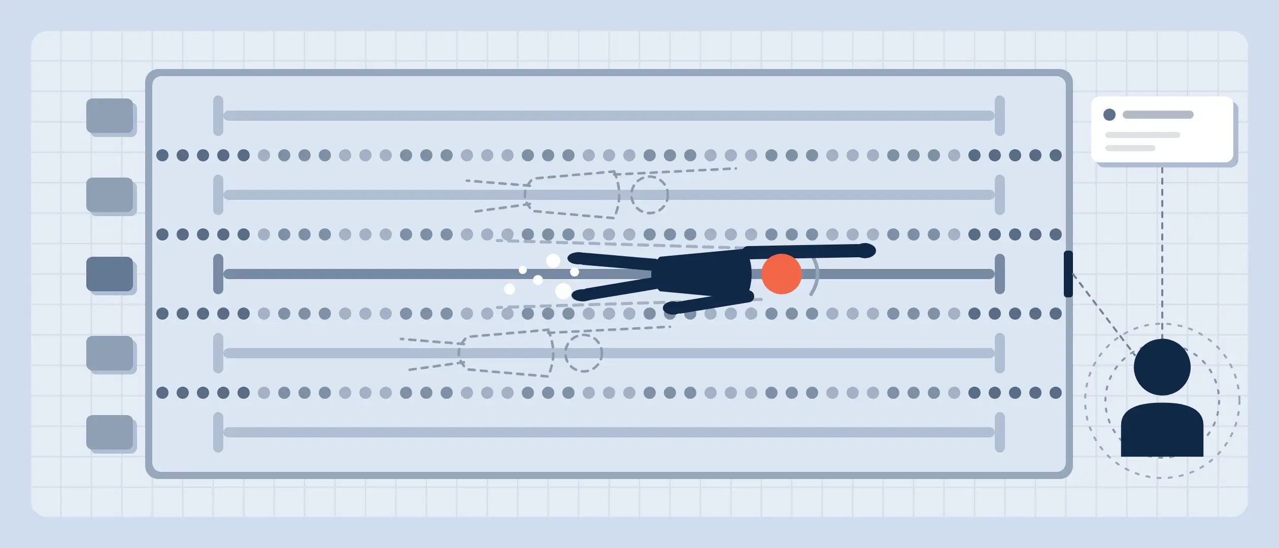 A pool seen from above: one swimmer in a coral cap follows the darkened line in the middle lane, two rivals trail as outlines in the next lanes, and the prospect waits on the deck at the finish