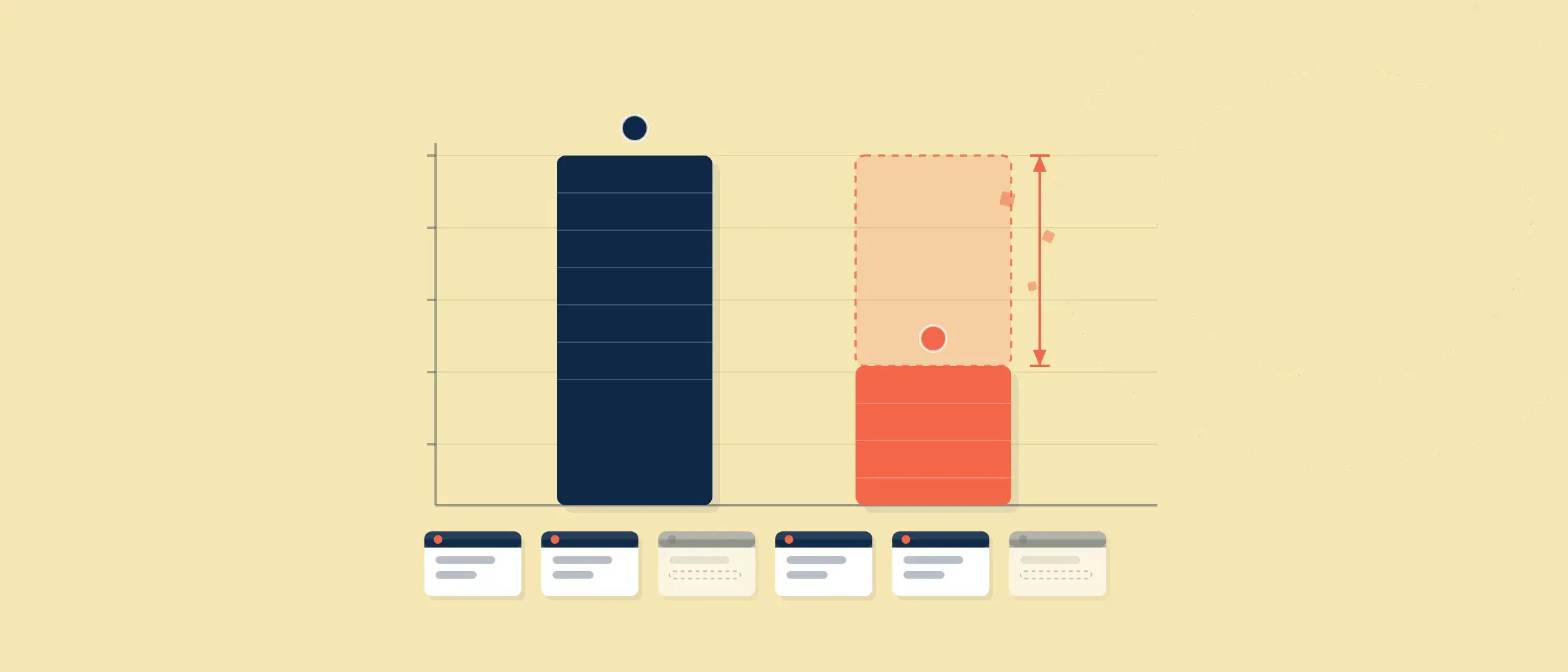A tall confidence column beside a much shorter accuracy column on a value axis, a dashed accent bracket marking the wide gap between what teams assume and what is accurate, over a row of CRM record cards, several faded with empty dashed fields