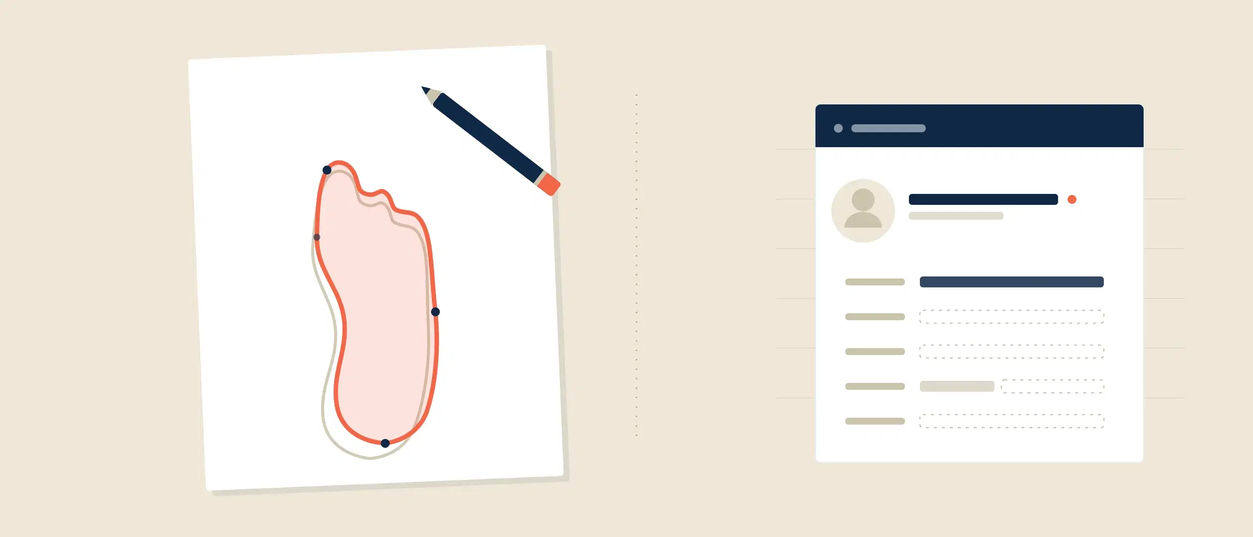 A hand-traced cobbler's last on paper beside an incomplete, mostly-empty database record of a person