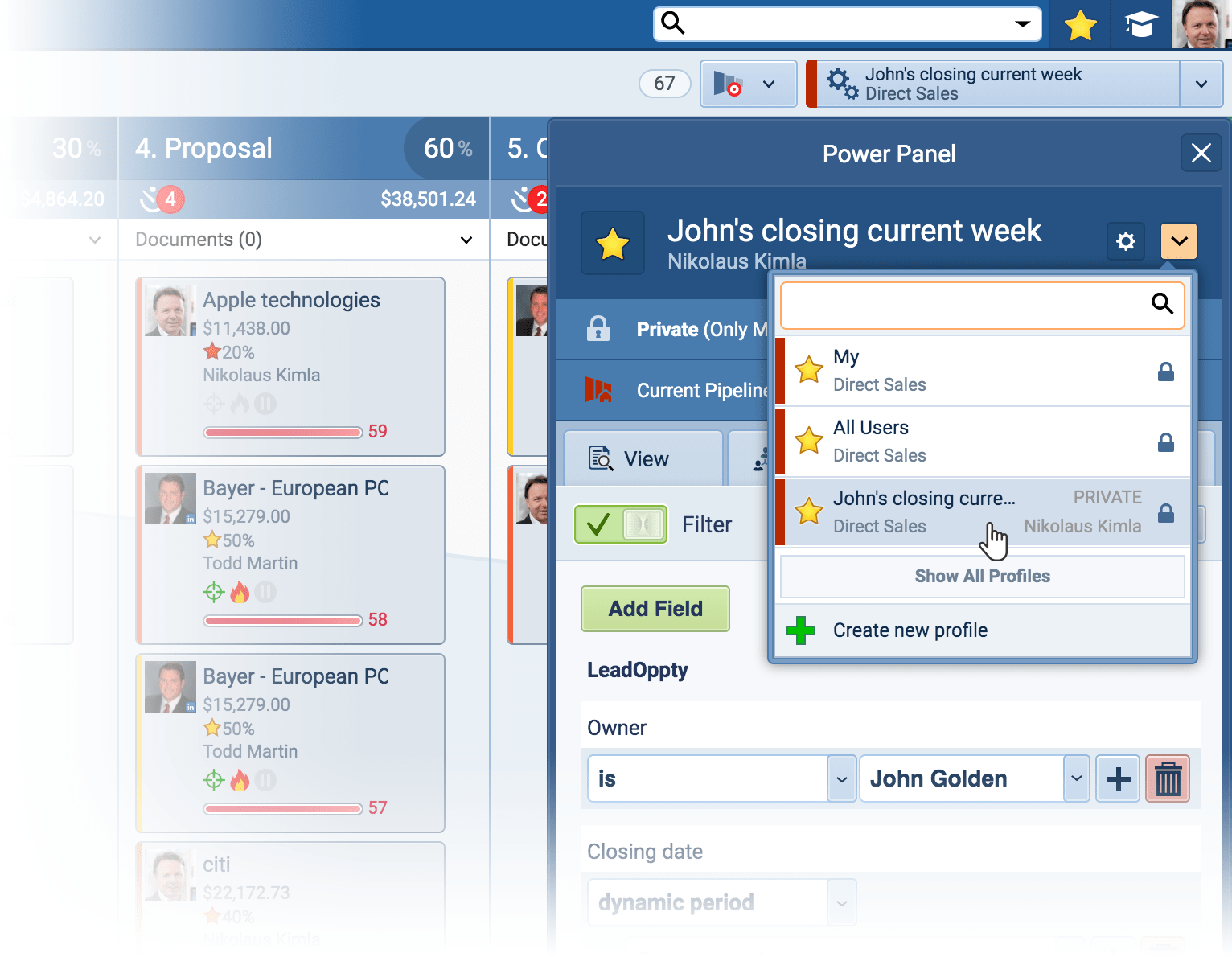 Power panel view and settings