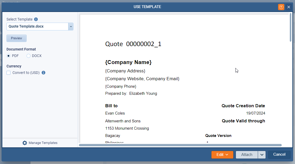 CRM templates feature