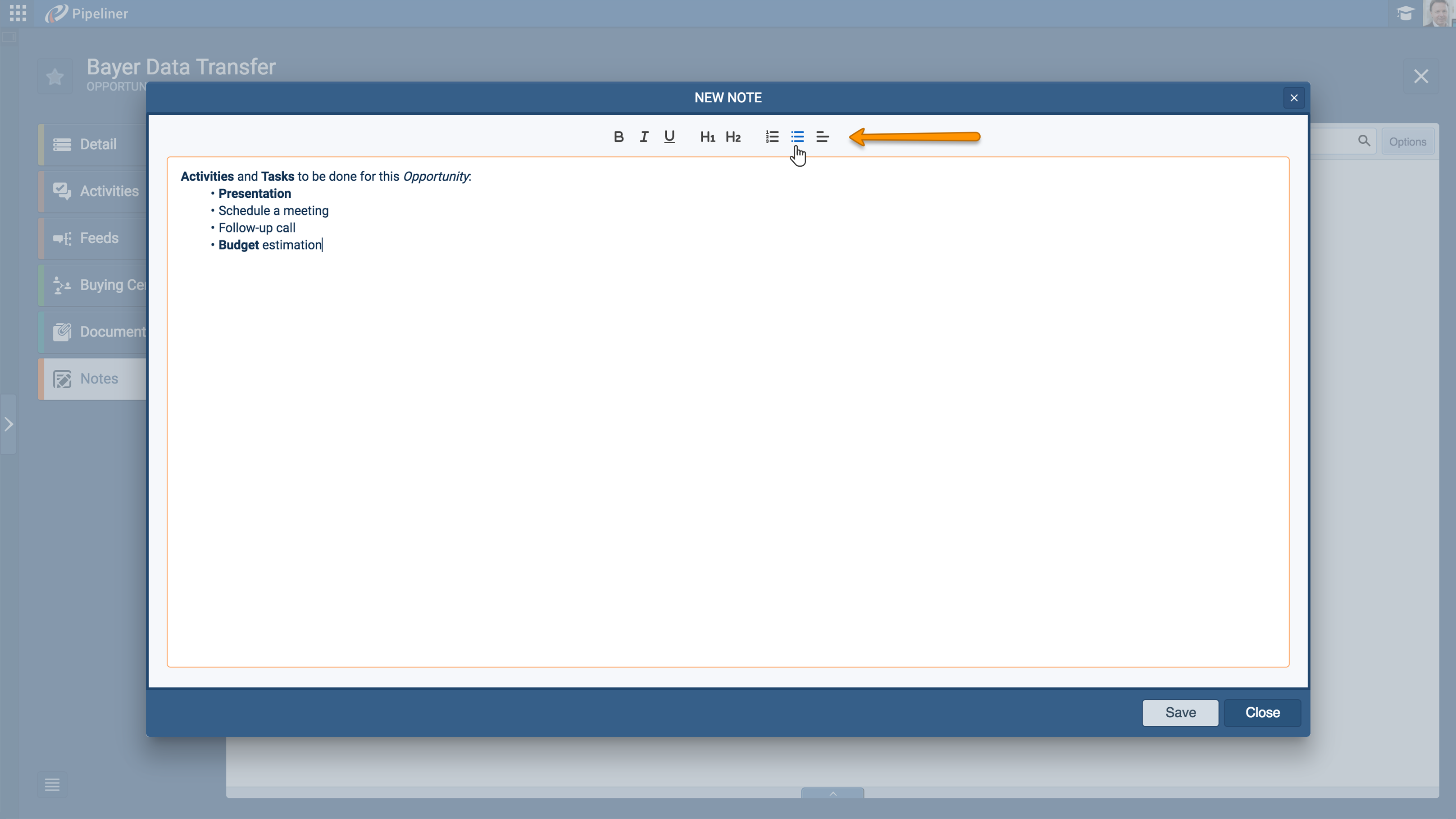 Notes view in Coevera Take notes within your CRM for tasks