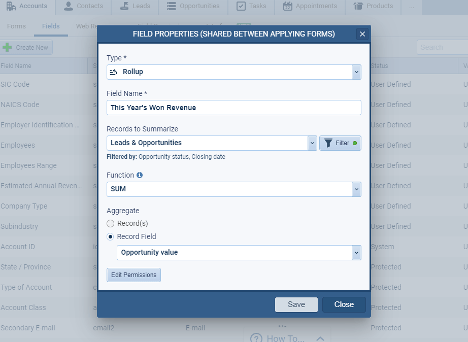 Advanced fields and forms rollup fields