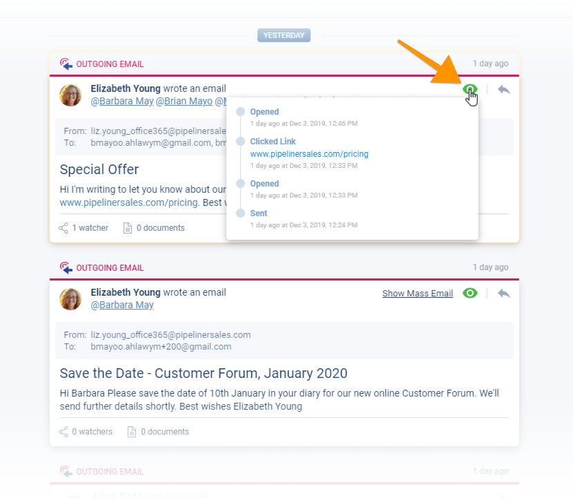 Email tracking in Coevera