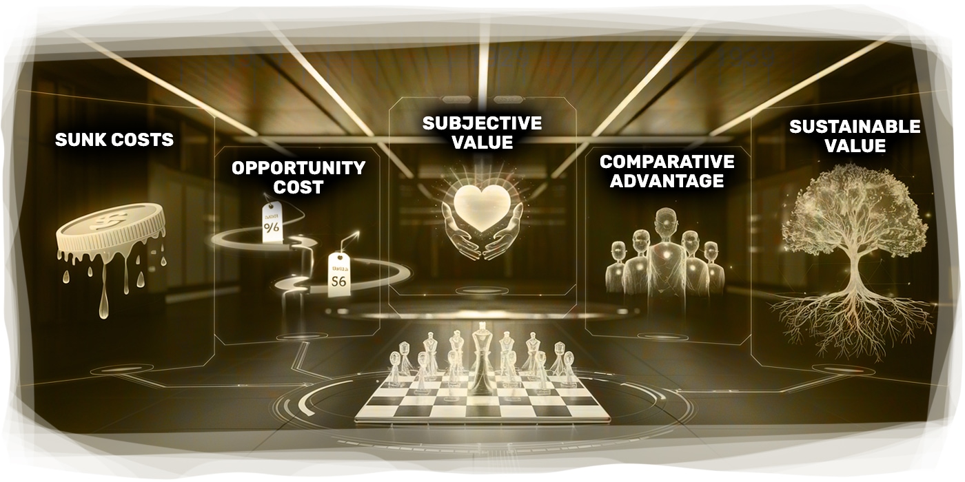 key sales principles: Sunk Costs, Opportunity Cost, Subjective Value, Comparative Advantage, and Sustainable Value