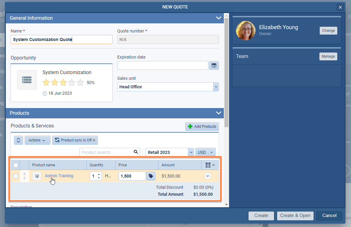 CRM quote feature