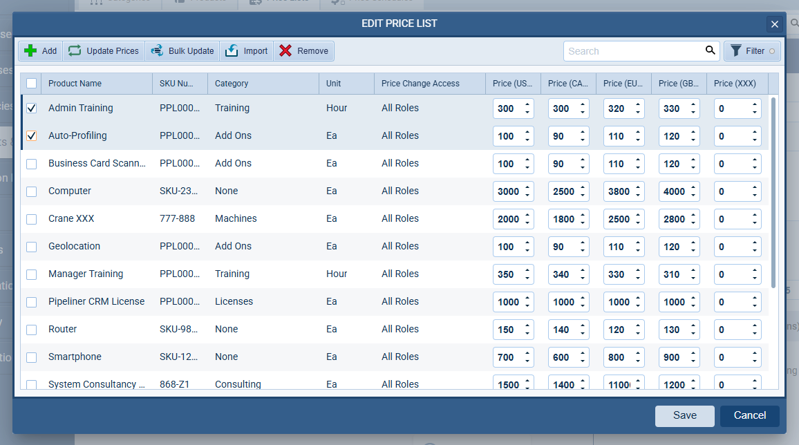 Custom Products and services Catalog CRM feature