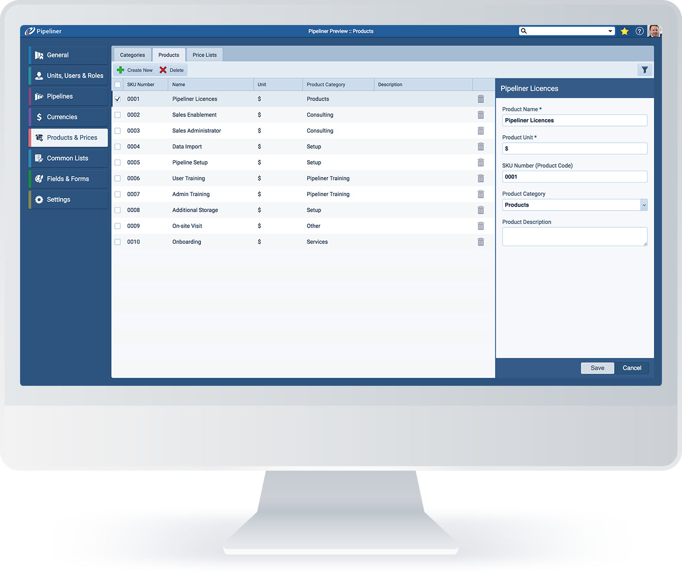 Coevera Product catalog feature and administration view