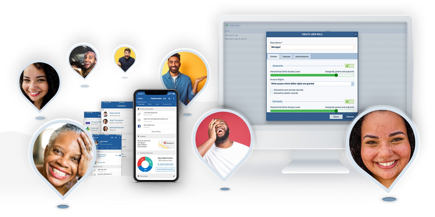 pipeliner-concepts-collage-user-roles-and-rights-1555 Sales CRM role feature allows you to decide the right one